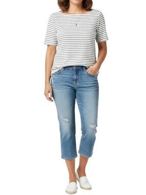 Tahari Women's White/Black Stripe Short Sleeve Boat Neck Blouse Size Large